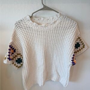 Universal Thread White Crochet Knit Top with Multicolor Sleeves